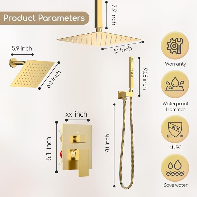 Shower System Brushed Gold Shower Faucet Set, Five Functions Knob Diverter - Image 6