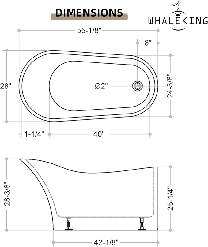 55" Freestanding Slipper Soaking Bathtub, WHALEKING Luxury Curve Edge Stand - Image 7