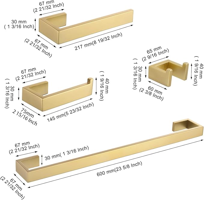 Gold Towel Bar Set 4 Pieces Bathroom Hardware Set Wall Mounted Stainless Steel - Image 7