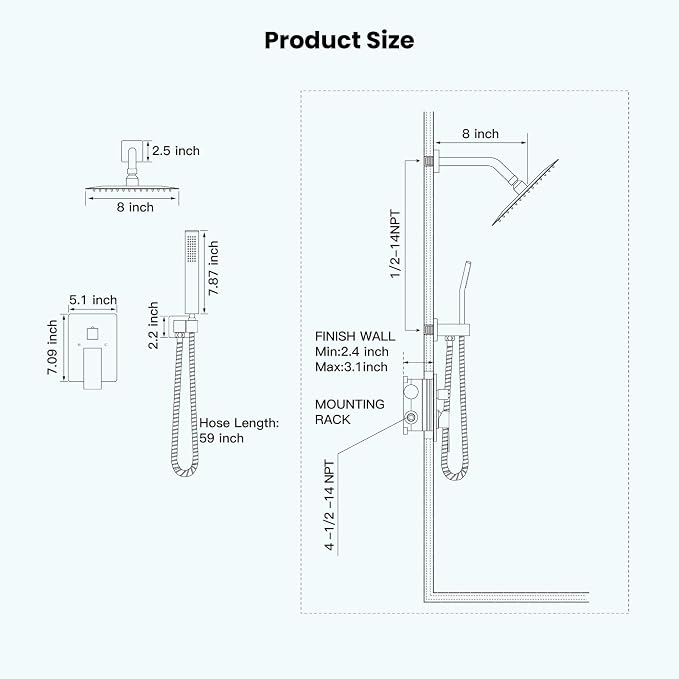 gotonovo Rainfall Bathroom Shower System Rain Shower Head and Handle Set Wall - Image 9