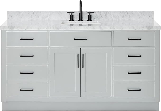 ARIEL 67" Grey Bathroom Vanity, 1.5" Edge Italian Carrara Marble Countertop & - Image 9