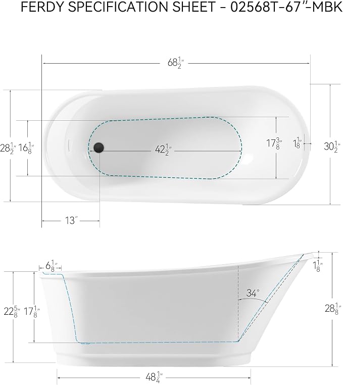 FerdY Langkawi 67" Acrylic Freestanding Bathtub, cUPC Certified, Matte Black - Image 6