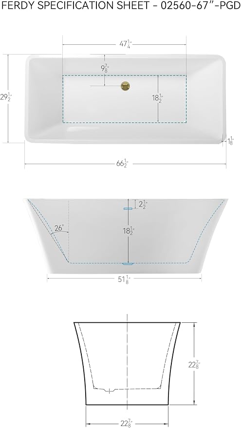 FerdY Sentosa 67" Acrylic Freestanding Bathtub, Contemporary Design Soaking Tub - Image 7
