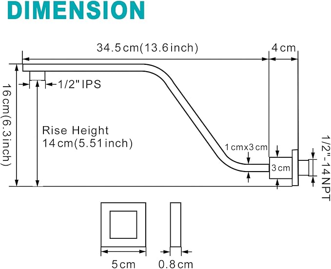 16 Inch S Shape Brushed Nickel Shower Head Arm, Square Wall Mounted Shower Arm - Image 7