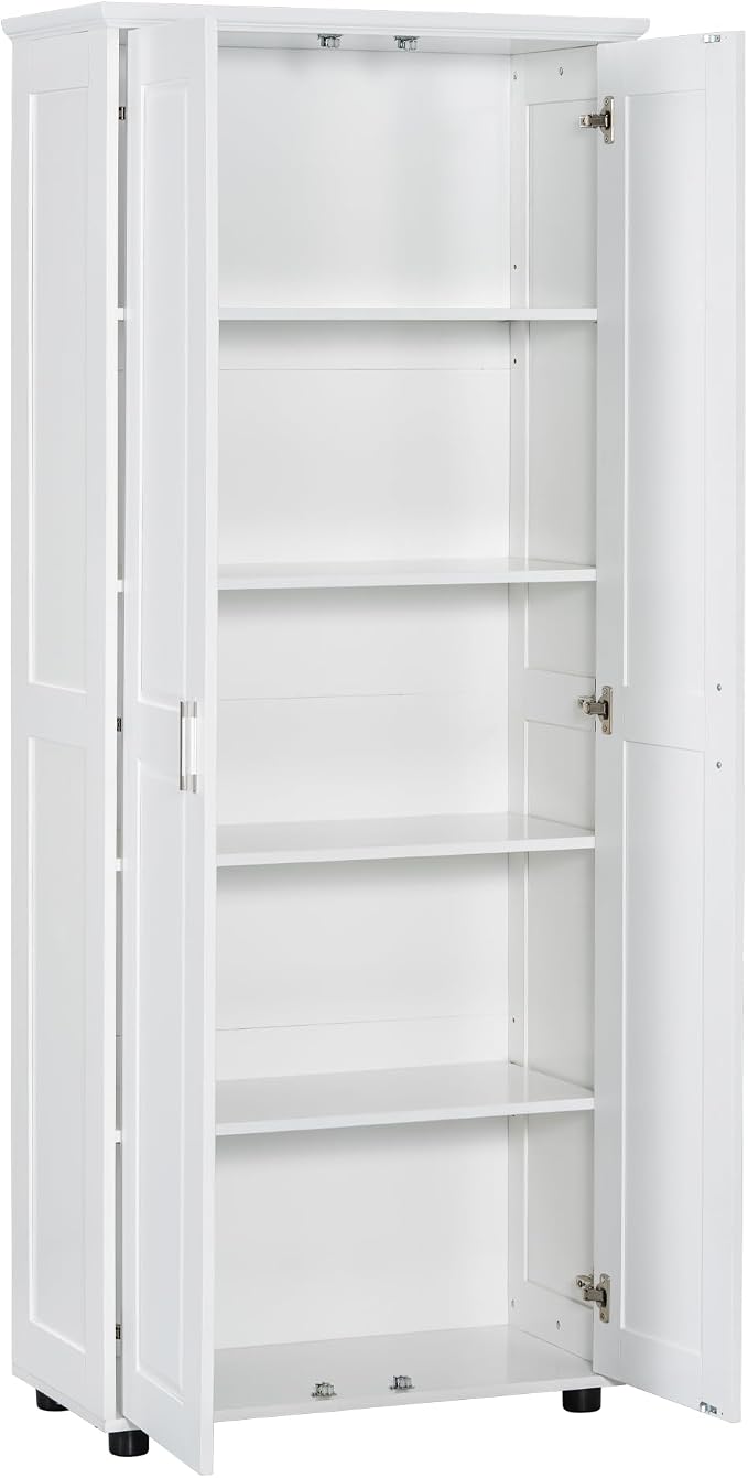 Tall Wide Storage Cabinet with 2 Doors and 4 Adjustable Shelves, Wood White - Image 7