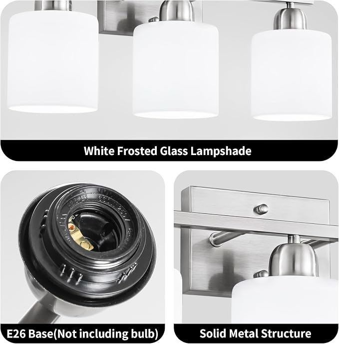 Brushed Nickel Bathroom Light Fixture, 3 Light Vanity Lights - Image 9