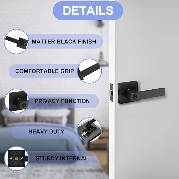 Privacy Door Levers, 10 Pack Matte Black Door Handles Heavy Duty Bed and Bath - Image 7