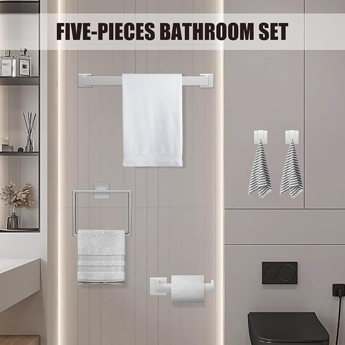 5 Piece Brushed Nickel Towel Bar Set Bathroom Hardware Set Brushed Nickel - Image 6