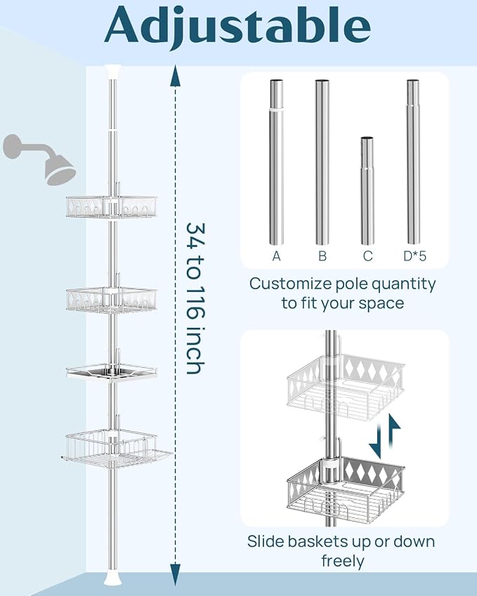 SElRIONE Corner Shower Caddy Tension Pole, Quick Setup, Rust-Free Bathroom - Image 8