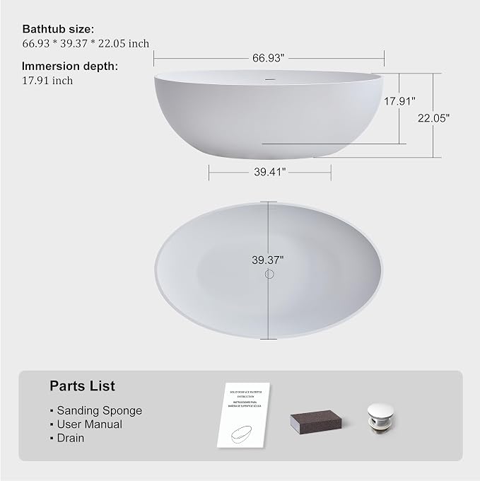 SJ STAR&JANE 67" x 39" Matte White Solid Surface Freestanding Bathtub, Oval - Image 9