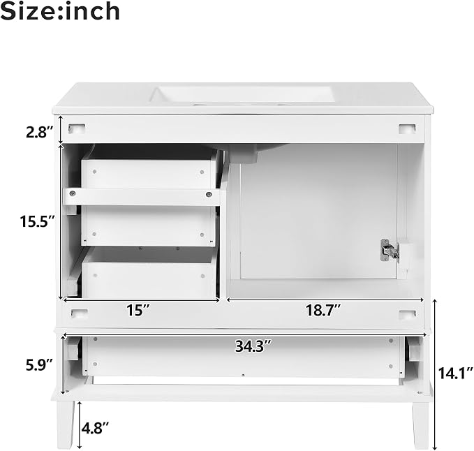 36" Bathroom Vanity with Solid Pine Frame, 1 Soft Close Door and 3 Drawers - Image 9