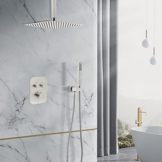 Thermostatic Shower System 16 Inch Ceiling Mount Brushed Nickel Shower Luxury - Image 7