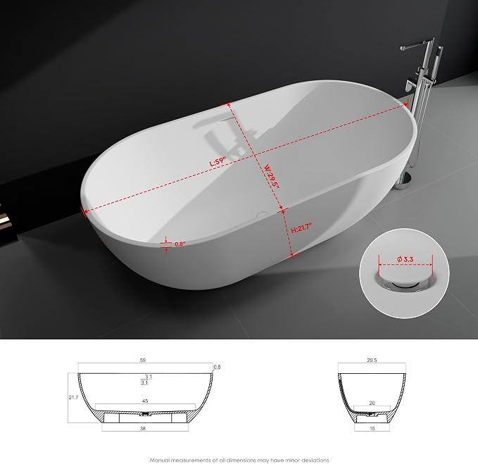 SJ STAR&JANE 59" Solid Surface Freestanding Bathtub, Matte White Oval Soaking - Image 9