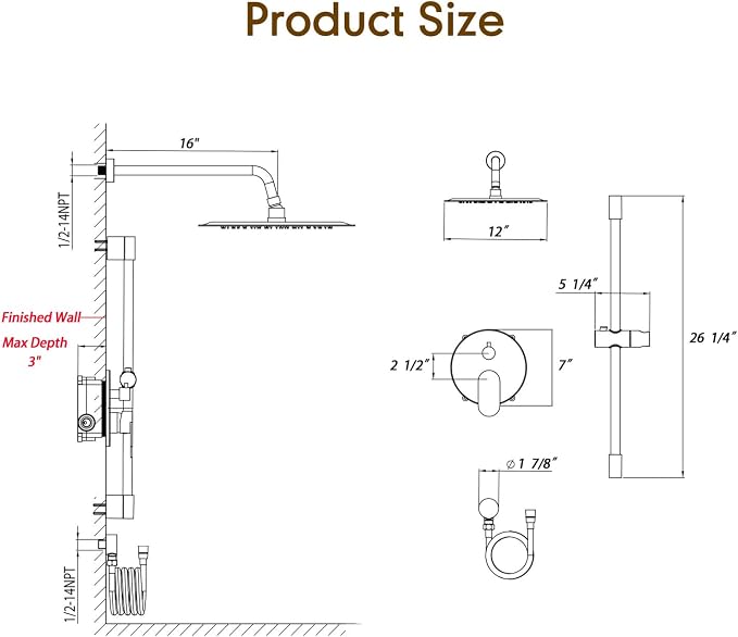 Gabrylly Shower System, High Pressure 12" Rain Shower Head - Image 8