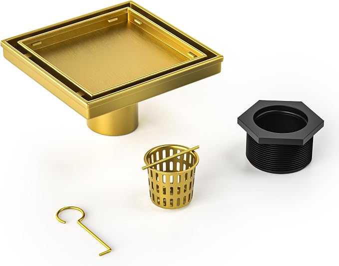 Square Shower Drain 6", Brushed Gold Floor Drain - Image 8