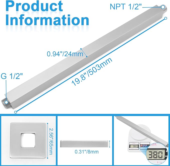 Ceiling Mount Shower Arm with Flange 20 Inches Square Straight Extender - Image 6
