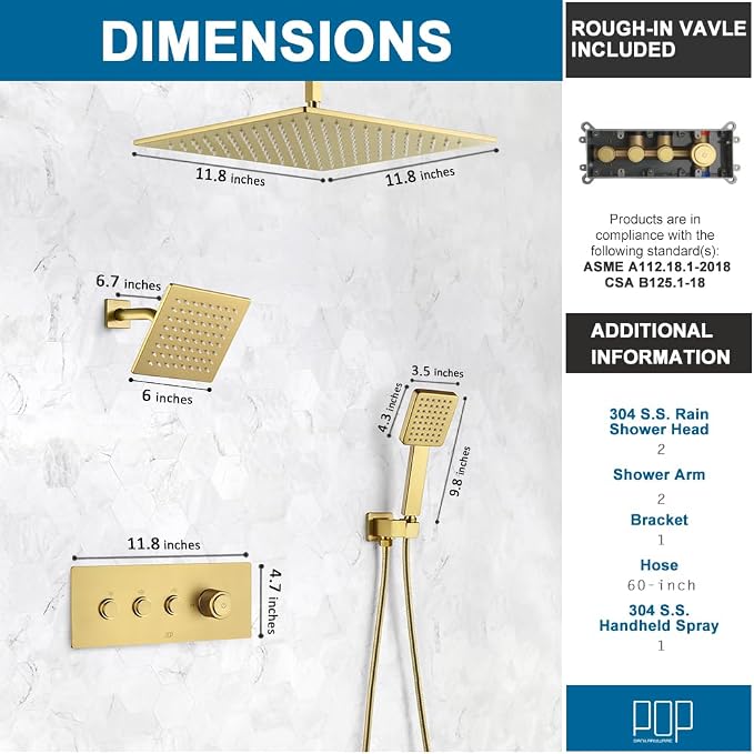 POP SANITARYWARE Brushed Gold Shower Faucet Set, Push Button Diverter Shower - Image 8