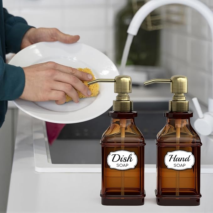 Soap Dispenser - 2 Pack, Antique Design Thick Amber Glass Hand Soap Dispensers - Image 8
