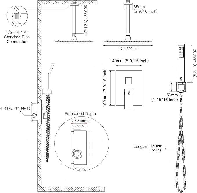 12 Inch Ceiling Mount Shower System Matte Black Gold Rain Mixer Shower Combo - Image 8