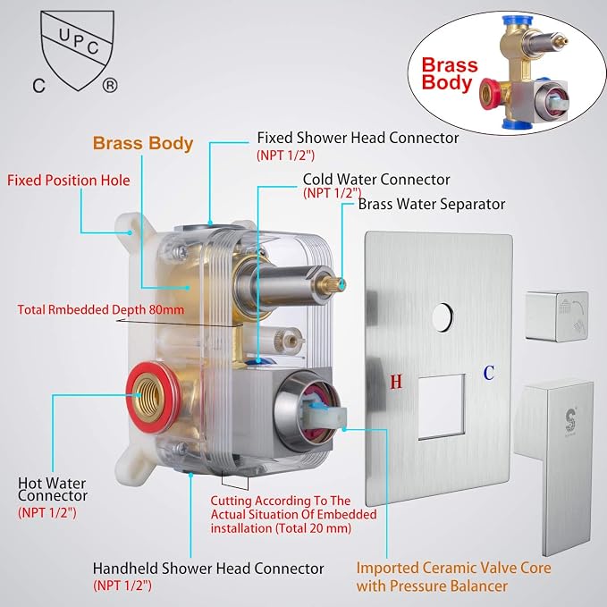 SR SUN RISE 16 Inches Brushed Nickel Shower System Bathroom Luxury Rain Mixer - Image 9