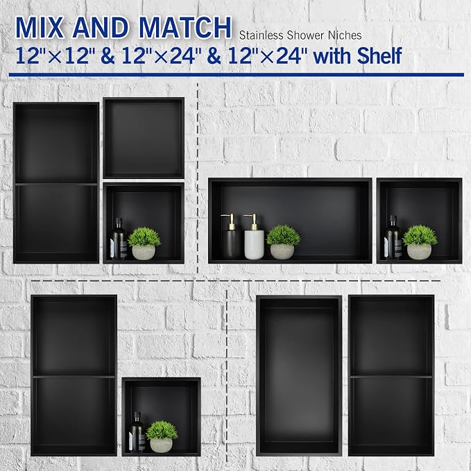 Stainless Steel Shower Niche 12" X 12" Matte Black No Tile Needed Niche Shower - Image 8