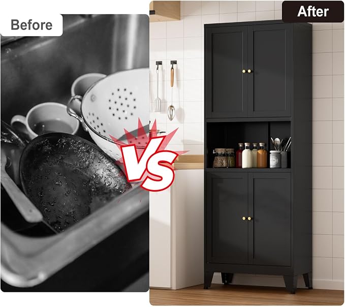 Metal Kitchen Pantry Cabinet, Freestanding Cupboards - Image 7