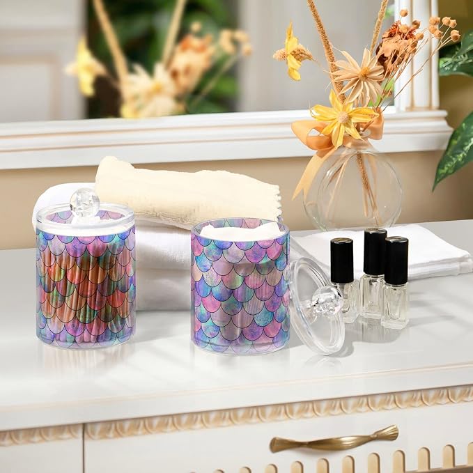 MNSRUU 4 Pack Qtip Holder Organizer Dispenser Colorful Mermaid Scales Bathroom - Image 7