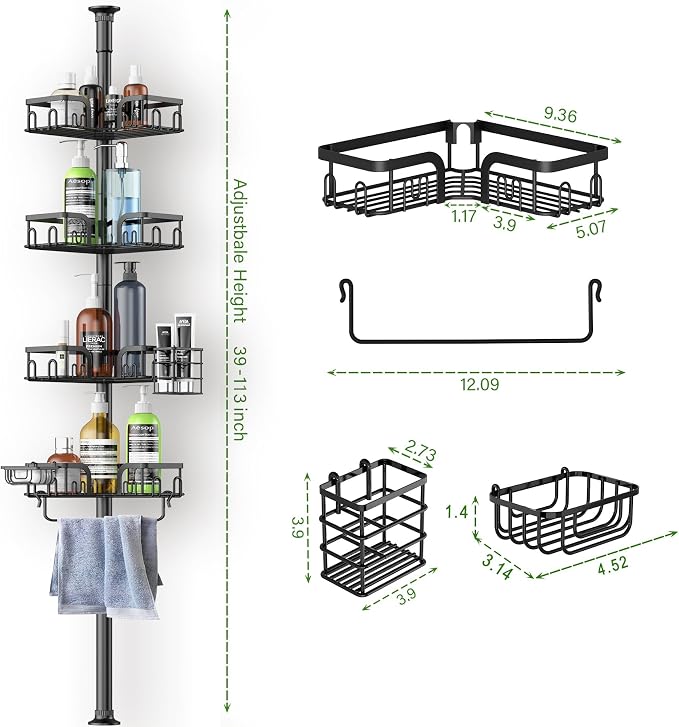 Corner Shower Caddy Tension Pole, 4-Tier Rustproof Bathroom Organizer Storage - Image 8