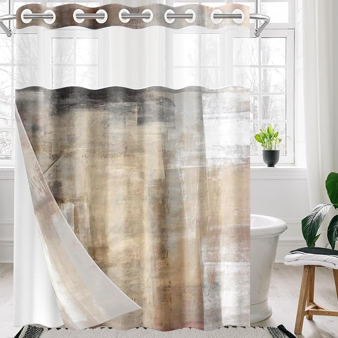 No Hook Grey Brown Painting Shower Curtain - Image 7