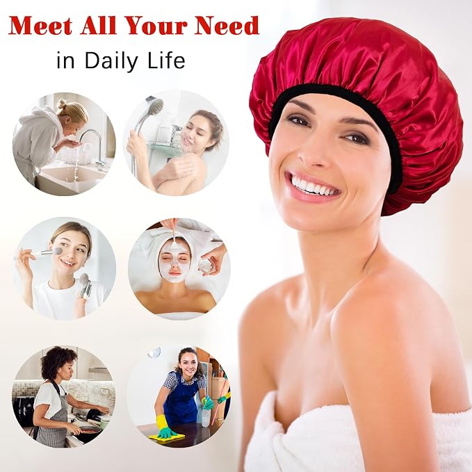 Shower Cap Reusable Waterproof, Terry Lined Shower Caps - Image 6