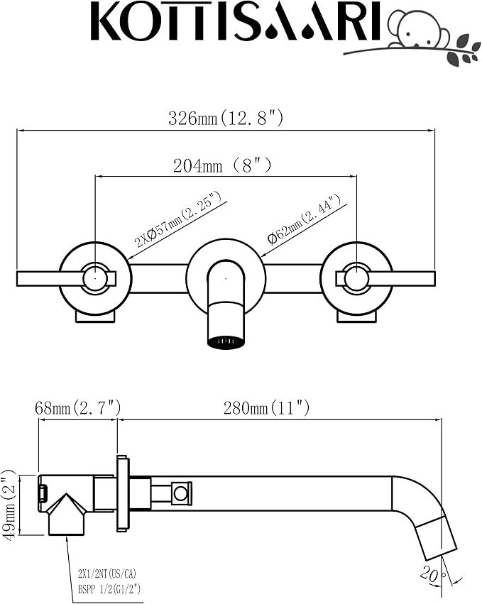 Wall Mount Tub Filler, Two Handle Bathtub Faucet, Extra Long Spout Reach - Image 7