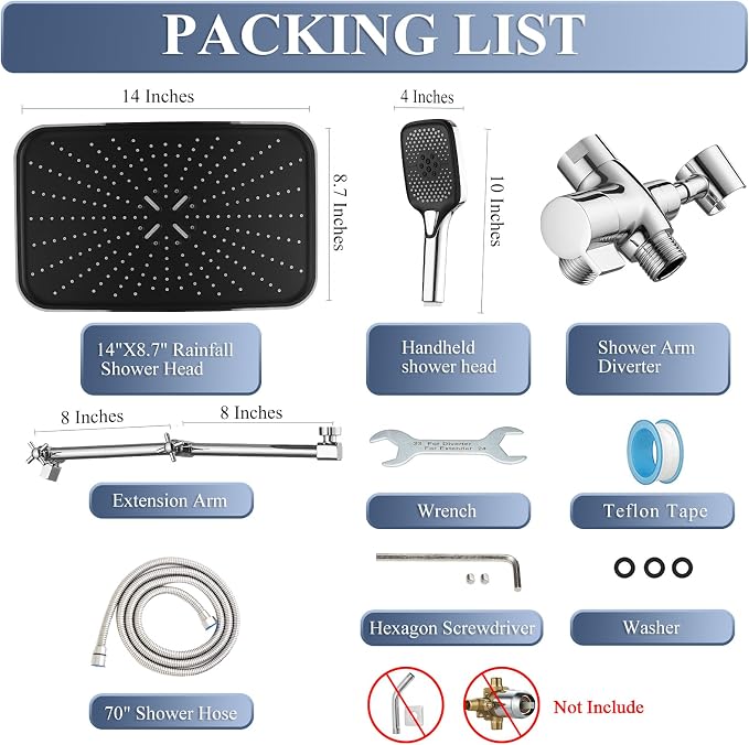 14 Inch Rain Shower Head with Handheld Spray Combo and Extention Arm, Rainfall - Image 7
