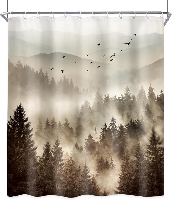 Riyidecor Foggy Mountain Shower Curtain 60Wx72H Inch Nature Rustic Woodland - Image 8
