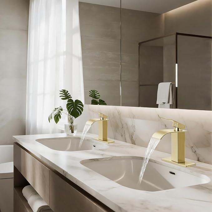 Bathroom Faucets Brushed Gold Waterfall Bathroom Sink Faucet Modern Single - Image 7
