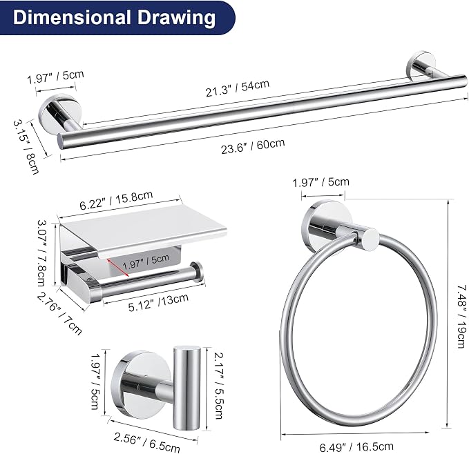 5-Piece Towel Bar Set Polish Chrome Bathroom Hardware Accessories Set Upgraded - Image 7