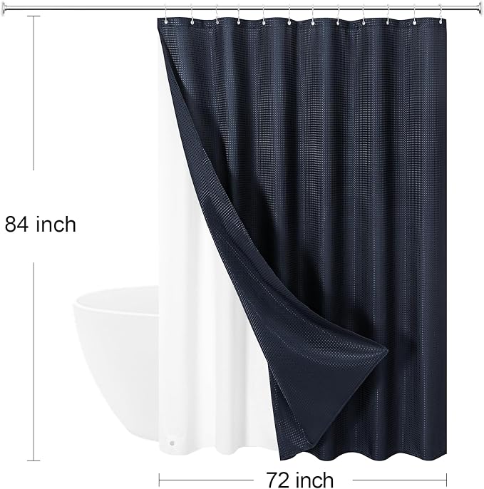 3 in 1 Extra Long Navy Blue Shower Curtain Set-72 W x 84 H, Modern Waffle and - Image 8
