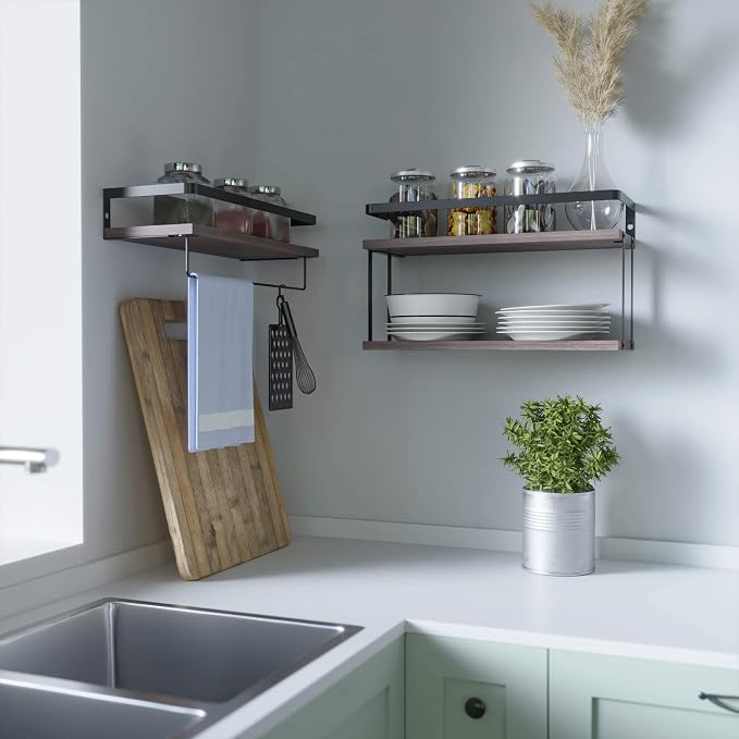 RICHER HOUSE 2+1 Tier Wall Mounted Floating Shelves Set of 2, Rustic Wood Shelf - Image 6