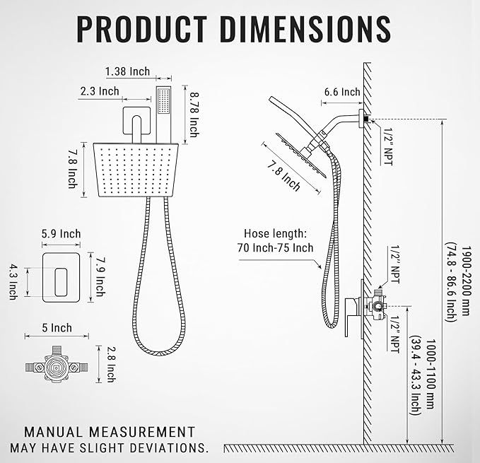 All Metal Shower Faucet Set, Dual Square Shower Head System - Image 8