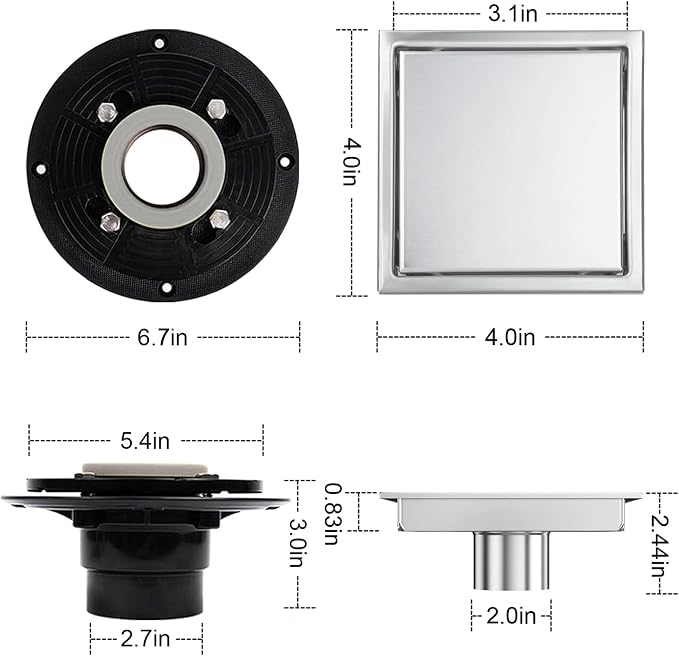 4 Inch Square Shower Floor Drain, Shower Drain Kit - Image 7