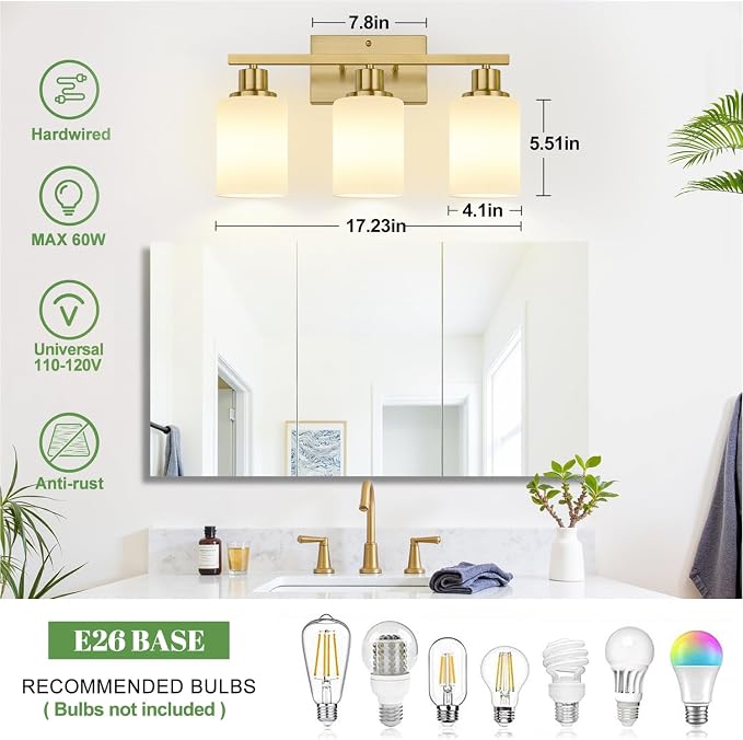 3-Light Bathroom Light Fixtures, Brushed Gold Vanity Light - Image 7