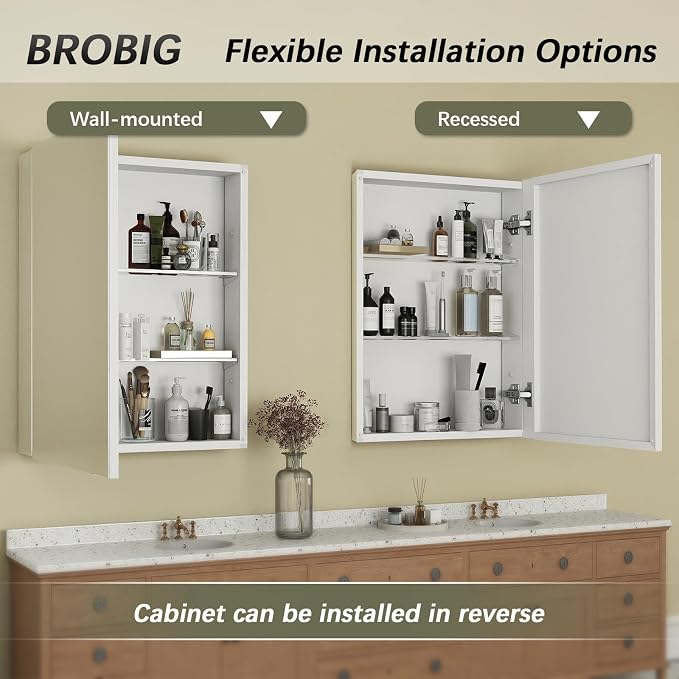Bathroom Medicine Cabinet with Mirror, 14x18 Recessed or Wall Mirror Medicine - Image 7
