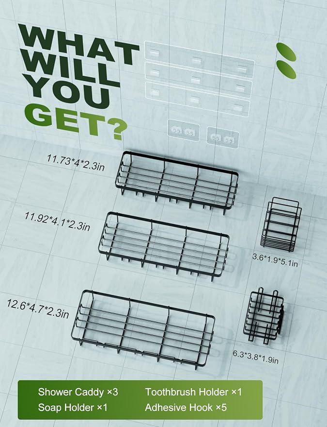 GVY Shower Caddy 5 Pack, Adhesive Shower Organizer Bathroom Shelves, Rustproof - Image 6