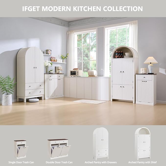 71" Tall Arched Kitchen Pantry, Modern Fluted Wood Storage Cabinet - Image 6