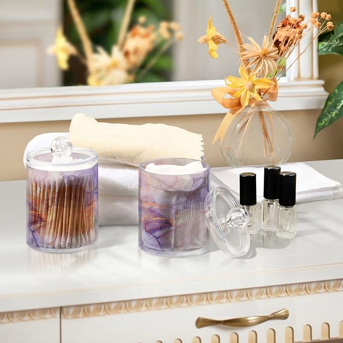 2 Pack Qtip Holder Organizer Dispenser Purple Transparent Waves Marble Bathroom - Image 7