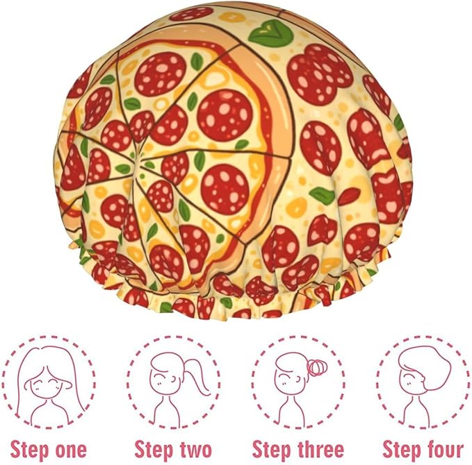 Double Layers Shower Caps for Women, Pepperoni Pizza Art Hair Bath Hat Reusable - Image 7