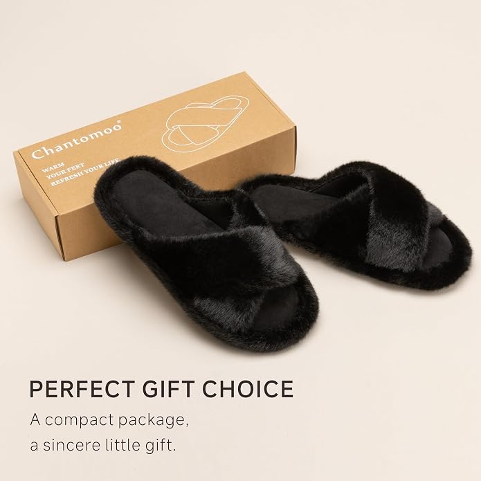 Chantomoo Womens Slippers Memory Foam Fuzzy Cross Band Faux Fur Slippers - Image 5