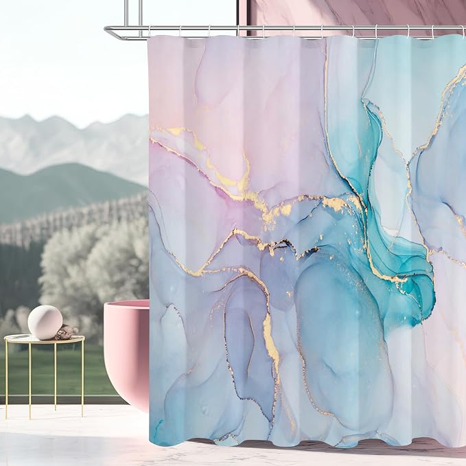 Gibelle Abstract Marble Shower Curtain, Watercolor Pink Turquoise Shower Curtain - Image 6