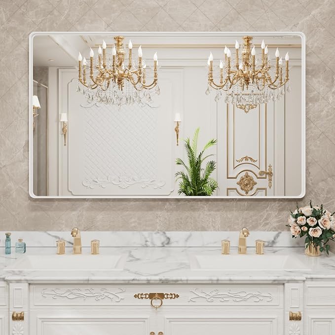LOAAO 55x36 Inch White Metal Framed Bathroom Mirror - Image 8