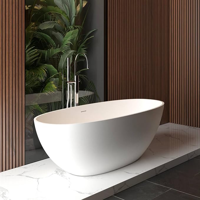 65 in Solid Surface Freestanding Bathtub, Contemporary Oval Shape Soaking Tub - Image 8