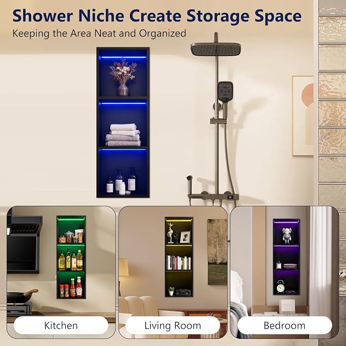 12" X 36" RGB LED Shower Niche No Tile Needed, 304 Stainless Steel Shower Niche - Image 7